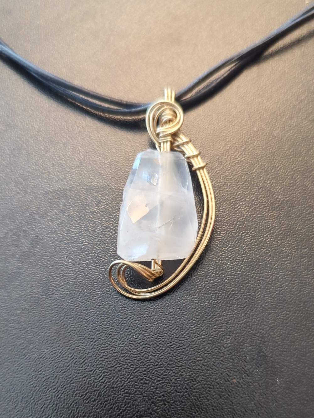 Gold Over Sterling Wire Wrapped Rose Quartz On Black Leather Cord